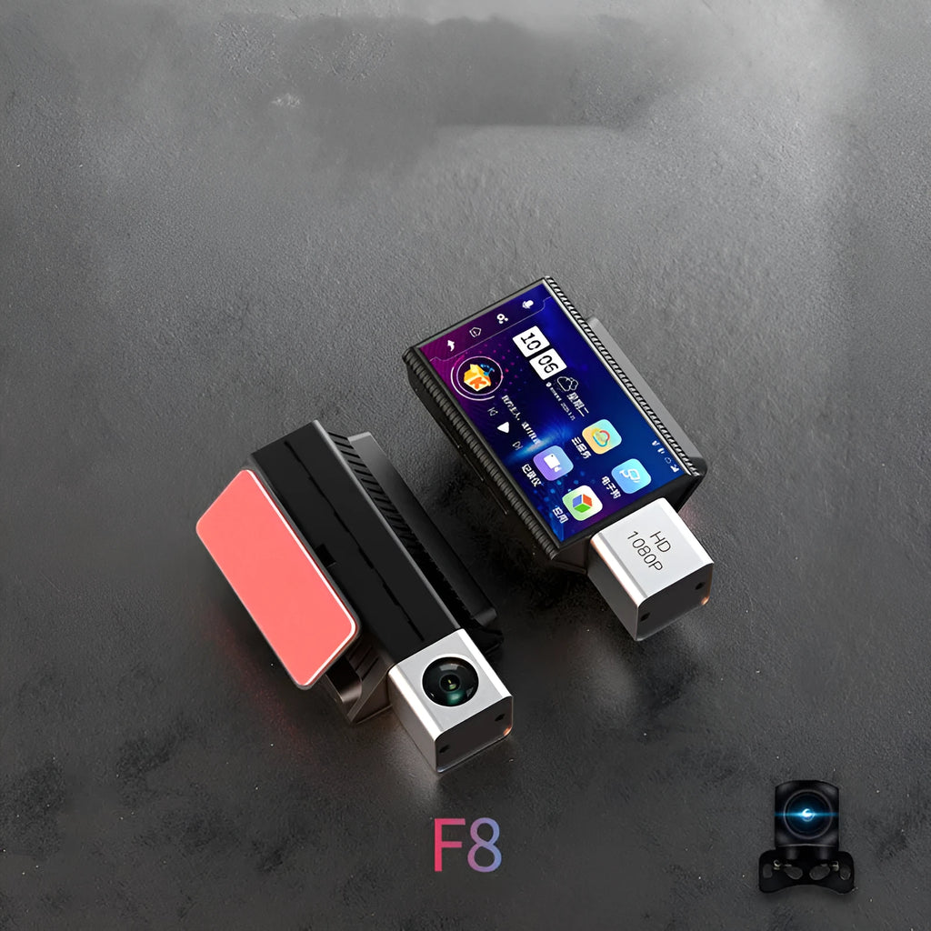 4G tachograph car dash cam with front and rear cameras, black plastic housing, touch screen display