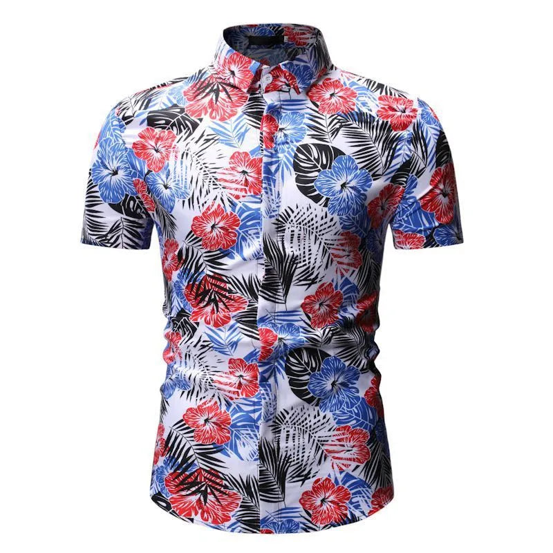 Men's summer beach short-sleeved floral shirt with square collar in blue and white polyester