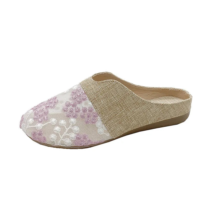 Women's mesh hollow toe box slip-on sandals low heel flat in green