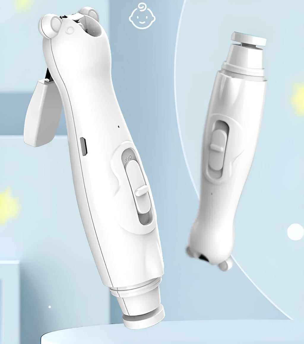 Electric baby nail clippers trimmer with green ABS shell, USB charging cable, and six grinding heads on a white background