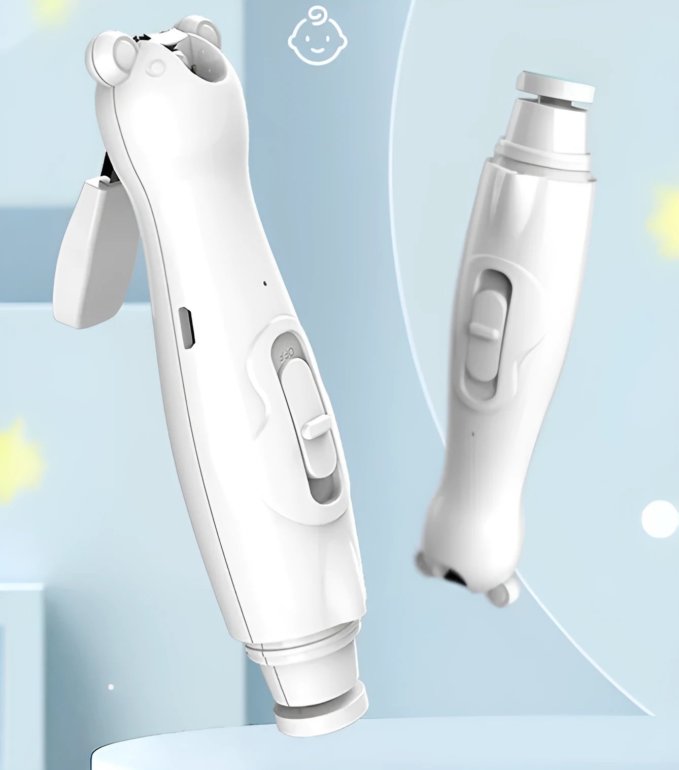 Electric baby nail clippers trimmer with green ABS shell, USB charging cable, and six grinding heads on a white background