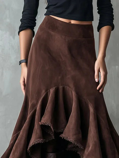 Brown women's maxi skirt with high-low hem and ruffle details in a Western leisure style.