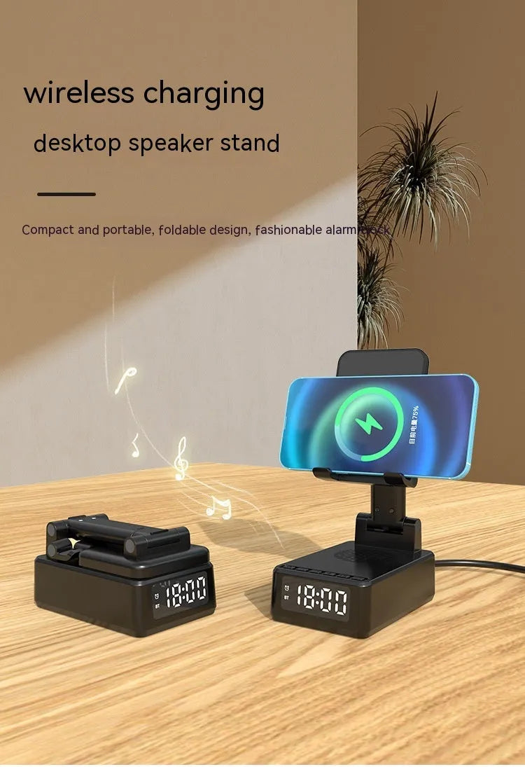 Multi-function desktop bracket with wireless charger and Bluetooth speaker in black