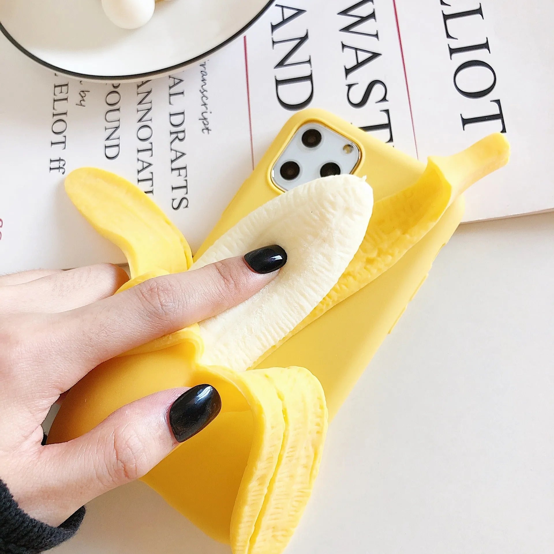 Open banana design IMD mobile phone case for iPhone models showing back cover protection