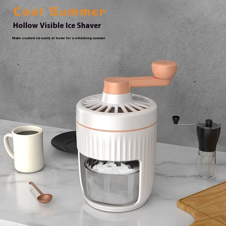 Hand-cranked ice shaving machine in green and orange, with removable ice box and ergonomic handle