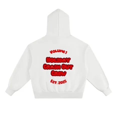 White thin no-drawstring hooded pocket sweatshirt for women, loose fit pullover with printed details, front view