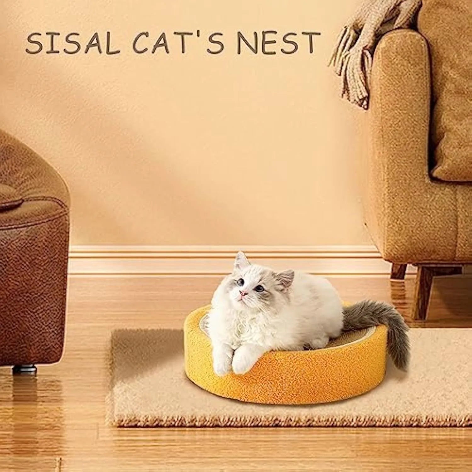 Yellow round sisal cat scratching board with concave centre for small breed cats