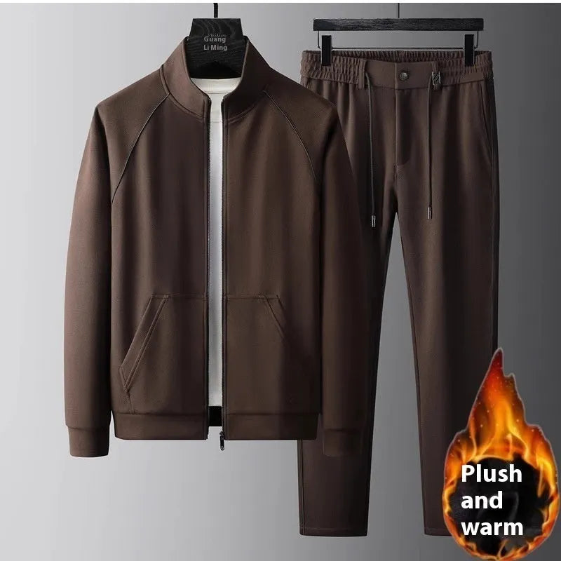 Men's slim fit stand collar sports suit set in polyvinyl alcohol fibre, shown in coffee or black colour.