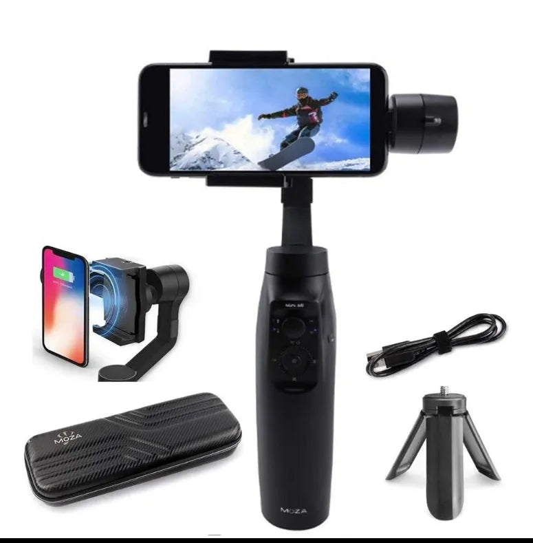 Black handheld three-axis mobile phone stabilizer with wireless charging and Bluetooth remote control