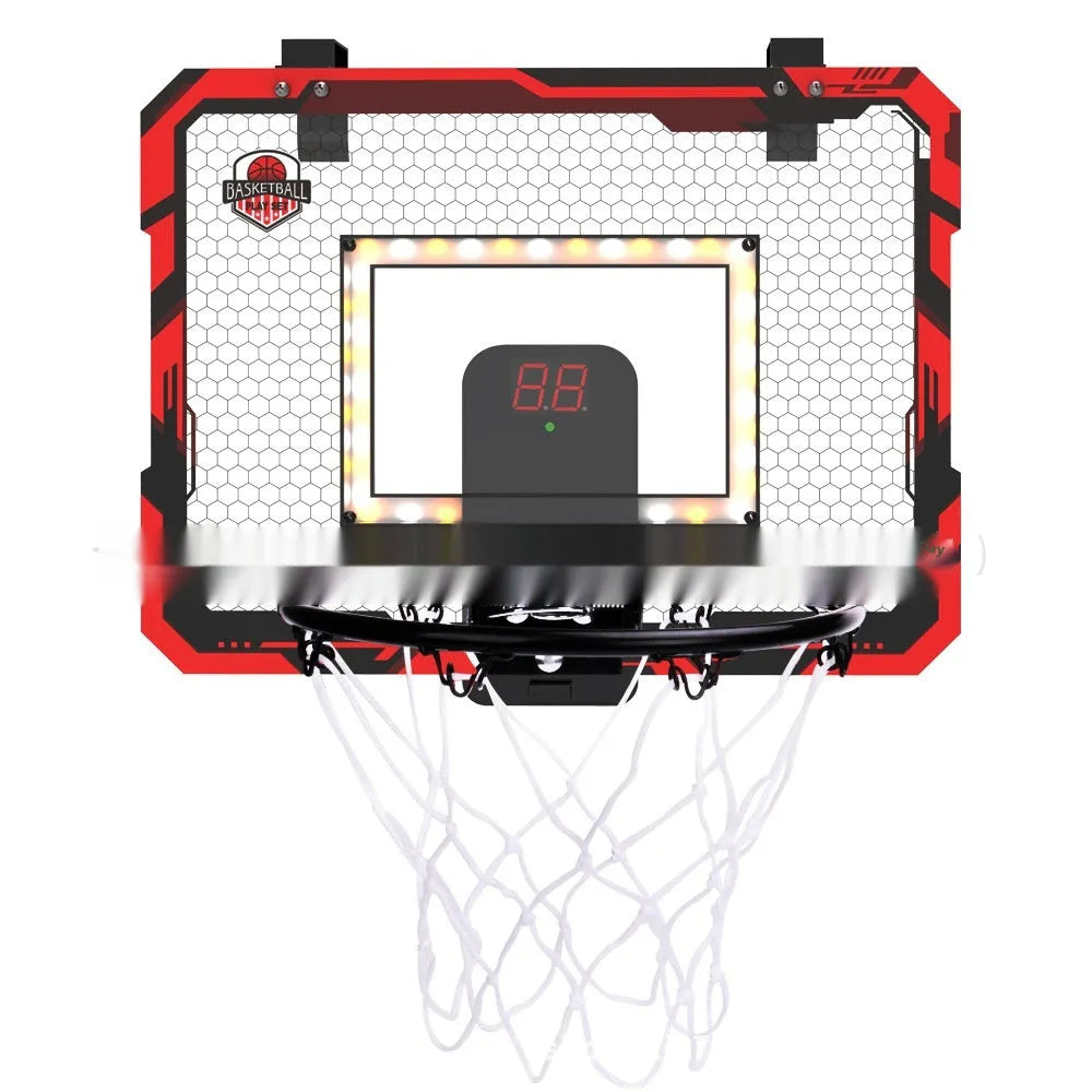 Red and blue folding basketball frame with dunking hoop and ball storage rack, shown with suction cups and hook.