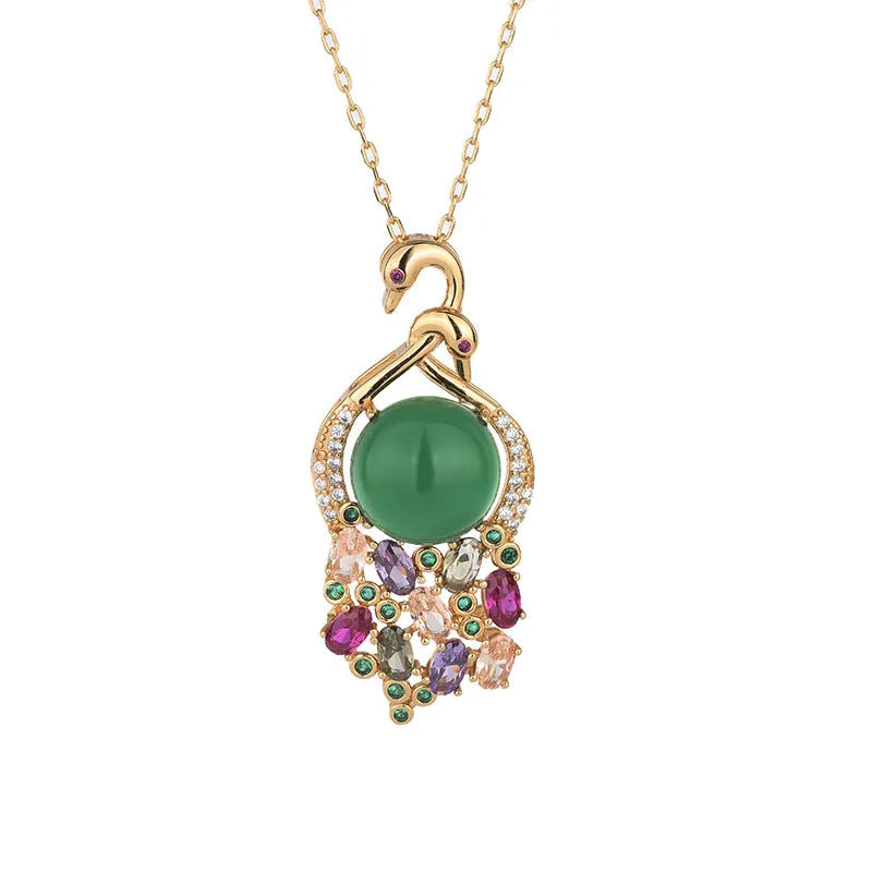 Green CP345 swan clavicle necklace with inlaid natural chalcedony and tourmaline in copper