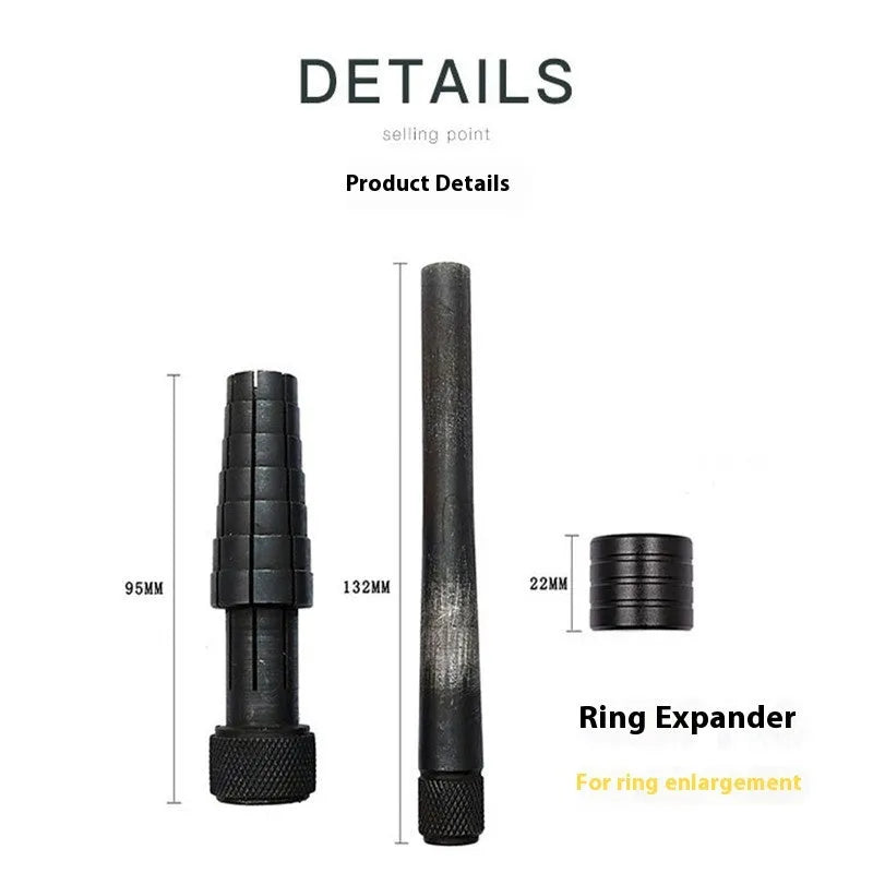 Ring expansion size adjustment tools including circular stretcher and rubber hammer