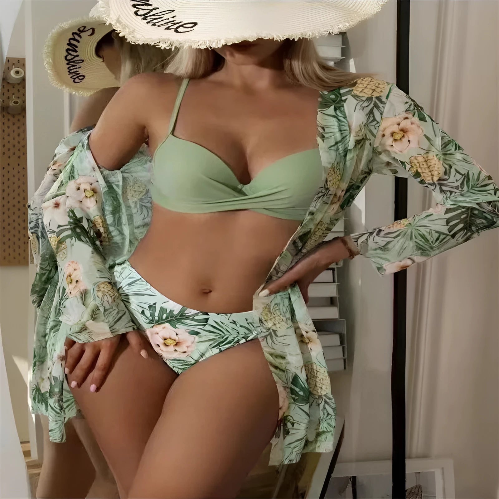 European and American three-piece swimsuit set with black flower print blouse and pants