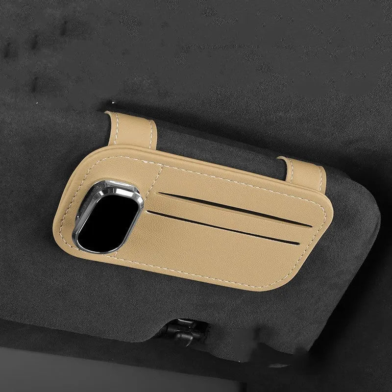 Cowhide leather automotive sun louver card holder with sunglasses clip in multiple colour options