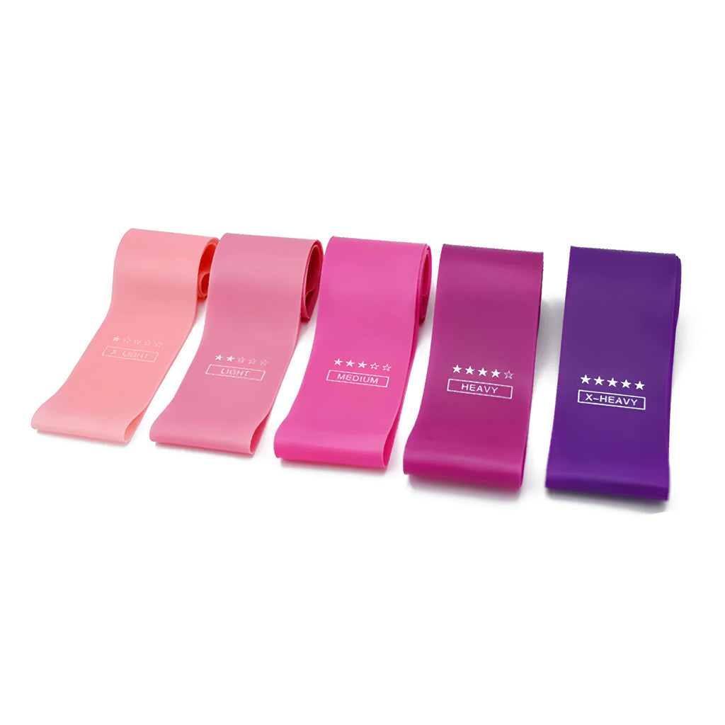Natural latex resistance bands set, 600mm x 50mm, five colours and resistance levels 5-40lb for Pilates and Crossfit.