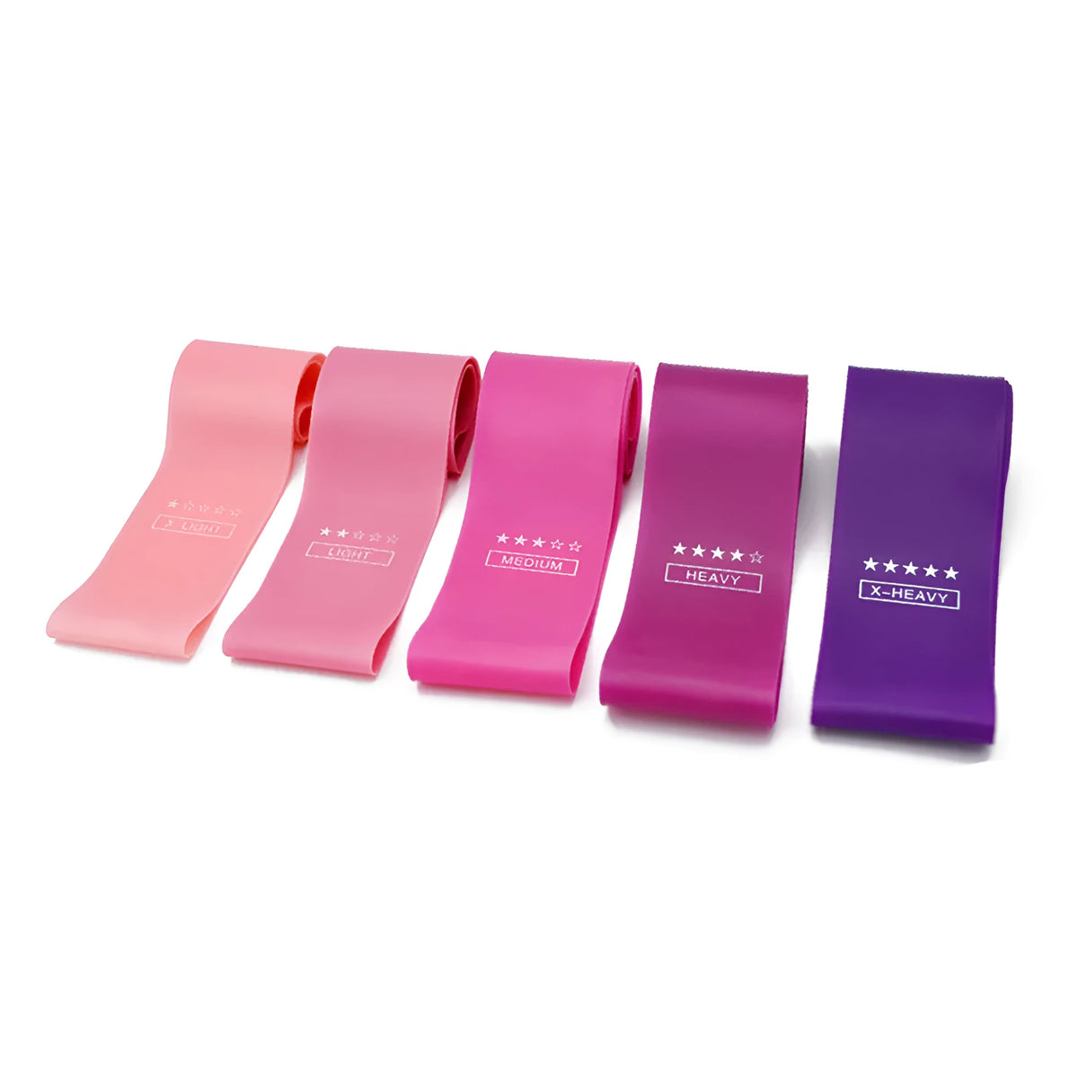 Natural latex resistance bands set, 600mm x 50mm, five colours and resistance levels 5-40lb for Pilates and Crossfit.