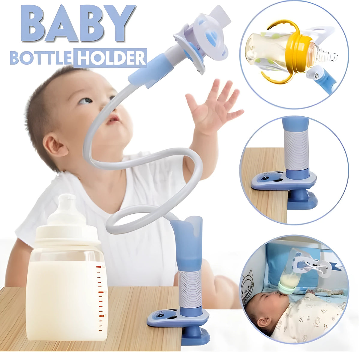 Extended baby feeding bracket with 1.05 metre pole in blue and pink colours