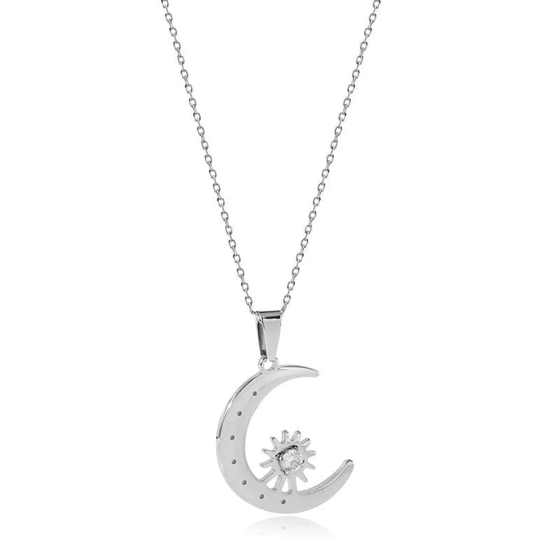 Titanium steel star moon pendant necklace for women, available in steel or gold colour, geometric design