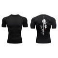 Men's short sleeve compression shirt with sword print design in loose fitting polyester blend fabric