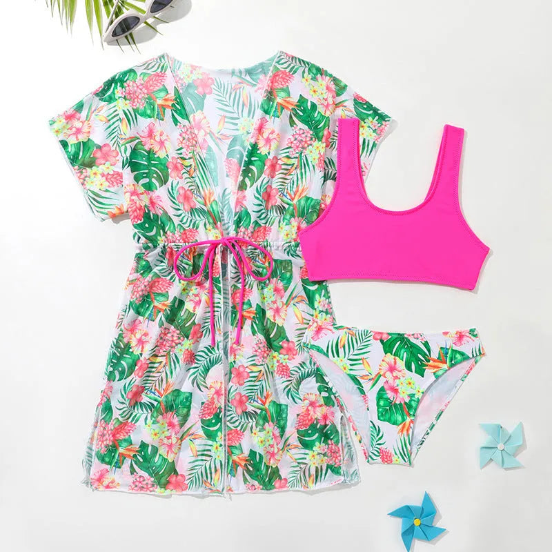 Girls' two-piece floral swimsuit in Korean style with high elasticity polyester fabric