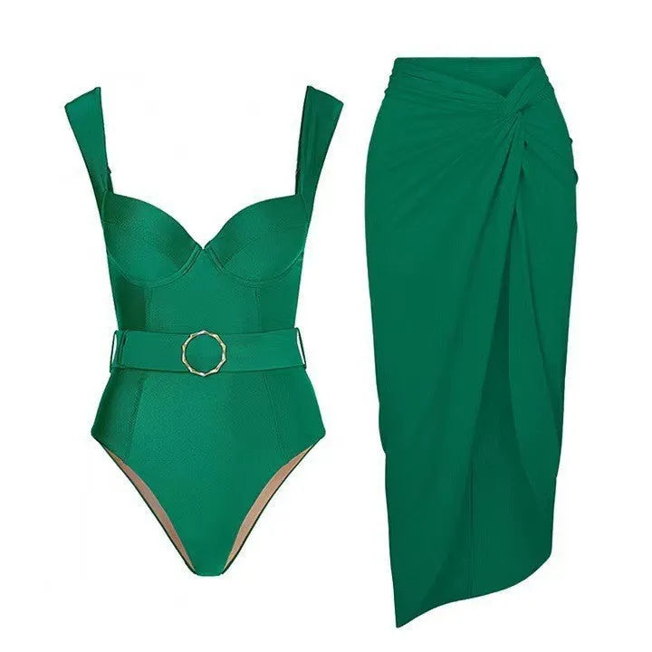 Women's one-piece swimsuit with gauze skirt in double shoulder and oblique shoulder styles