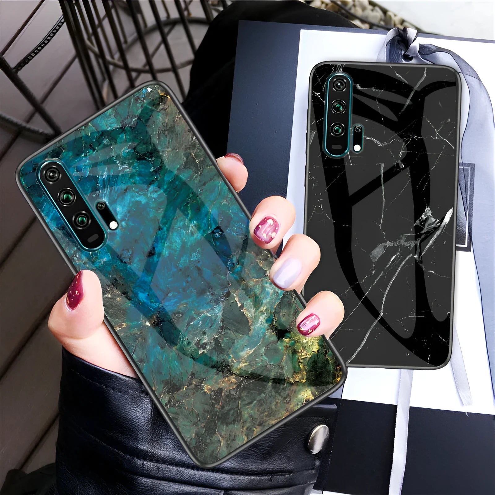 Honor 20 phone case with marble glass back and silicone bumper in multiple colours.