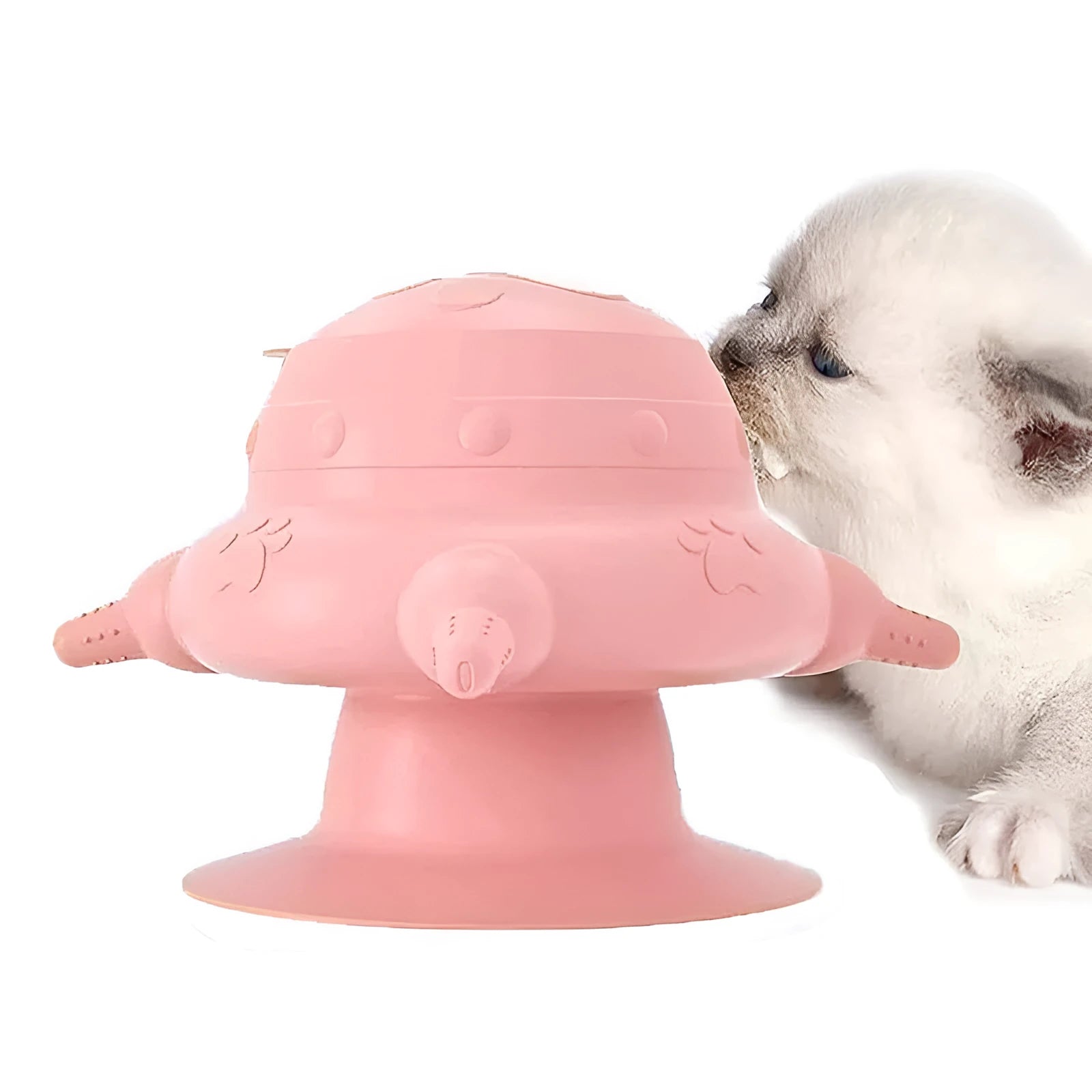 Pink silicone pet nursing device with bionic breast-shaped bowl and flat base for puppies and kittens.