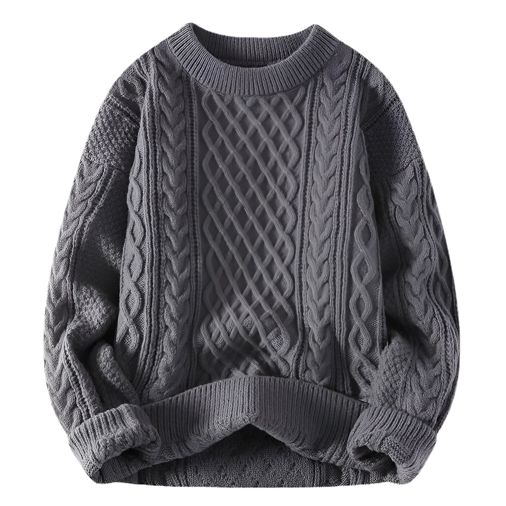 Men's twist knit sweater in Vinylon fibre, shown in one of seven colours, sizes M to 3XL.