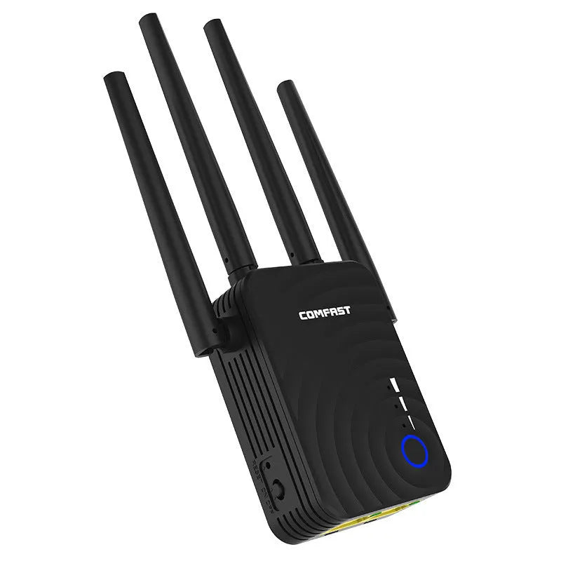 AC1200 dual band WiFi range extender with four 3dBi antennas, black, on white background
