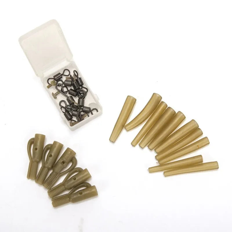 30 piece European carp fishing accessory set showing anti-winding pipes, threaded hoses, and rotation connectors
