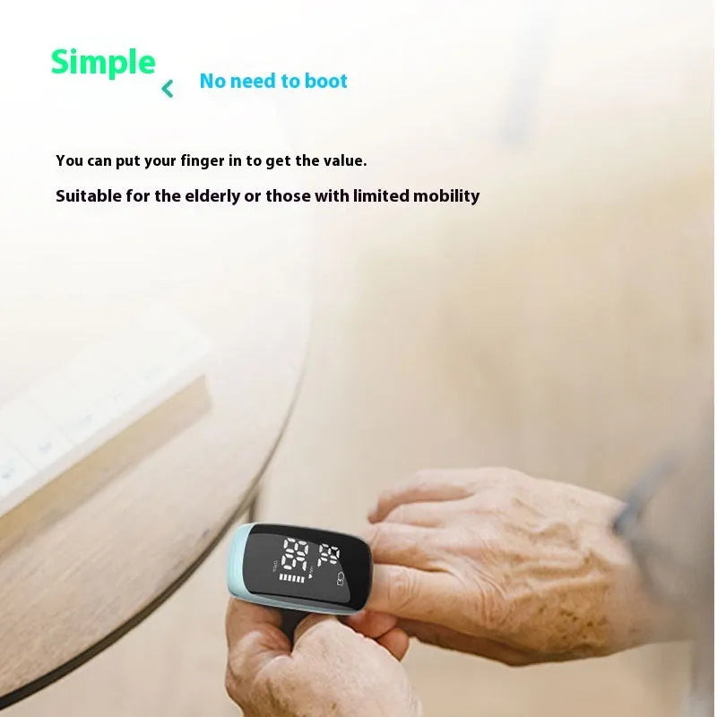 Rechargeable finger clip pulse oximeter with built-in battery, ABS body, and English manual, shown in light blue.