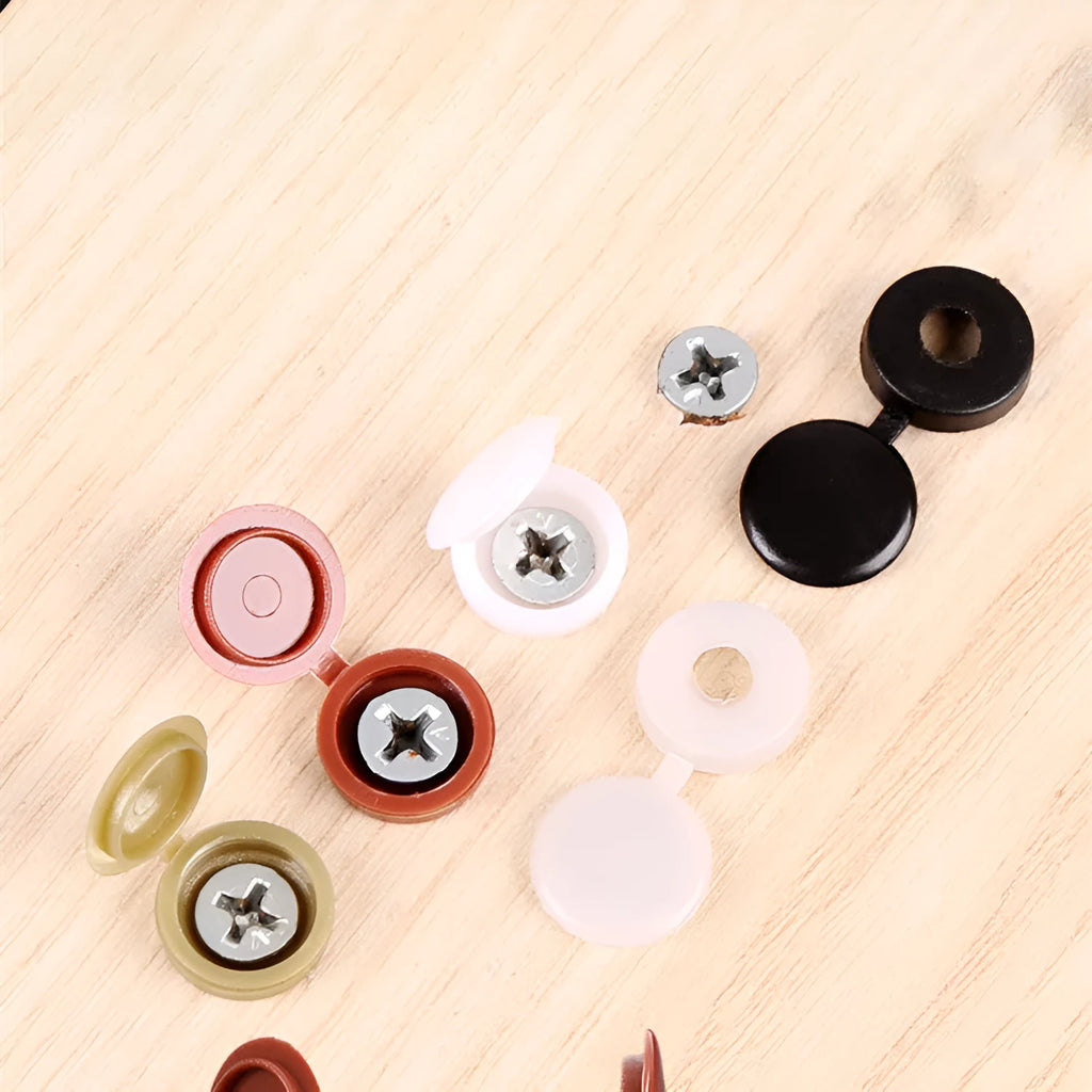 Plastic three-in-one connector screw cover in brown, bronze, black, white, and grey, 100-piece pack for furniture fixings.