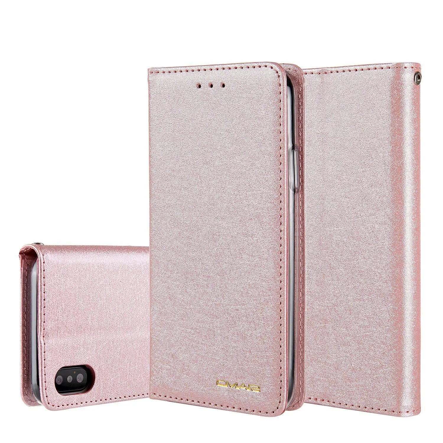 Black PU leather flip case for iPhone shown open, revealing interior card slot and phone cradle.