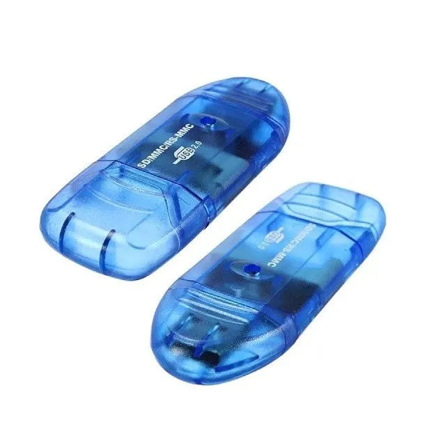Transparent plastic USB card reader with LED light and memory card inserted, next to its card holder.