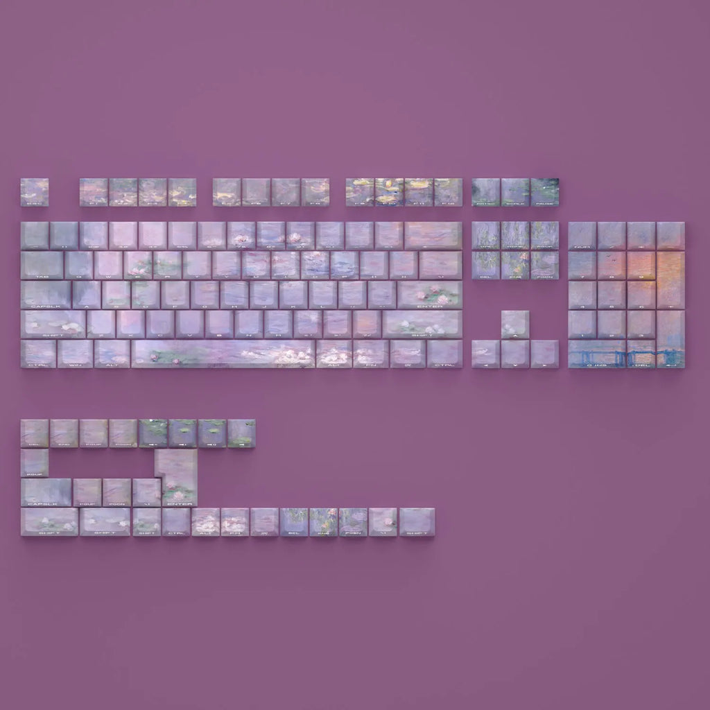 Wenshao Sleeping Lotus PBT keycap set with 130 side-carved light-transmitting keys for mechanical keyboards.