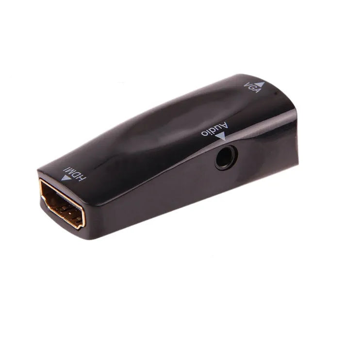 Black HDMI to VGA adapter converter with 3.5mm audio jack for connecting laptops to monitors
