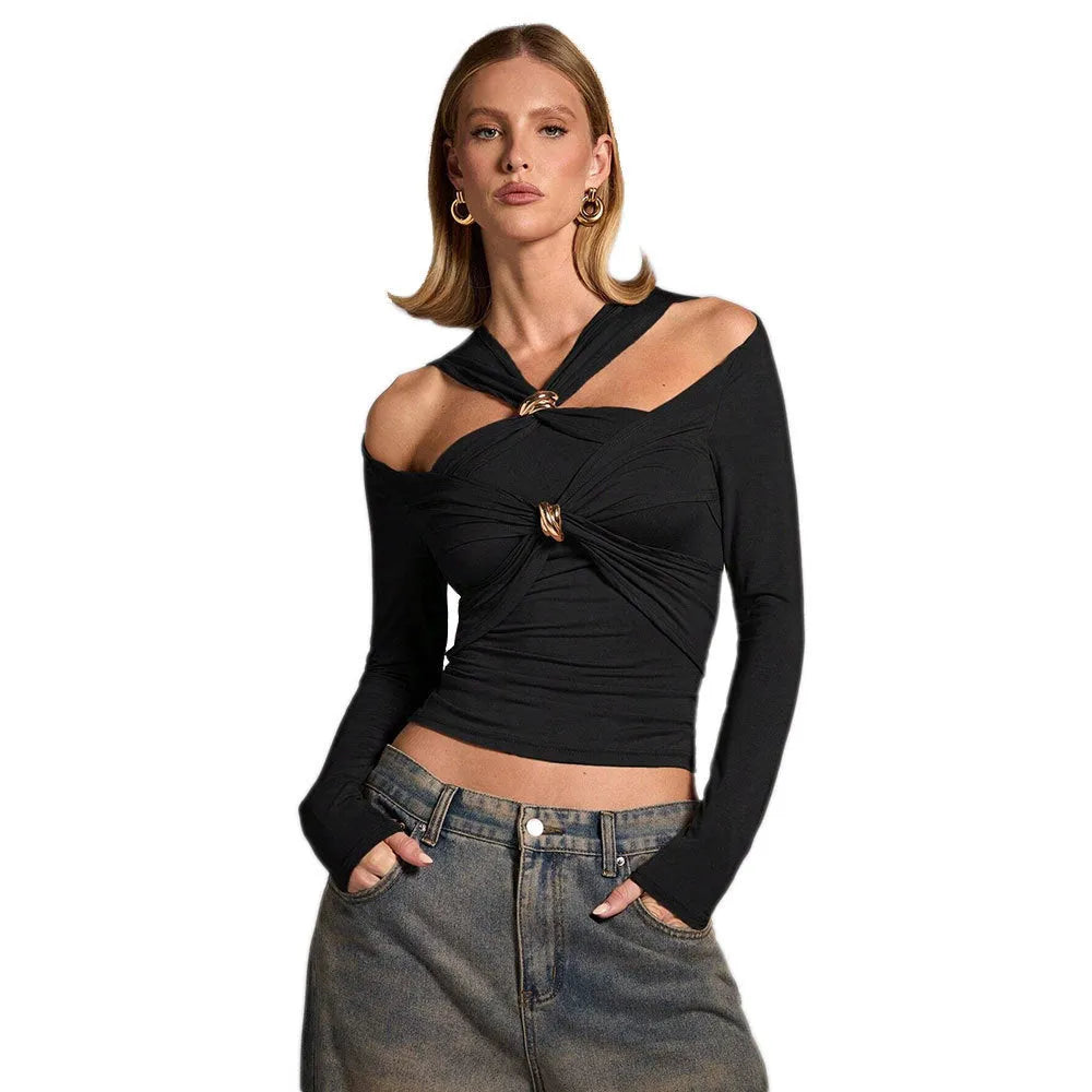 Women's black halter top with shoulder-baring neckline, long sleeves, and slim fit silhouette