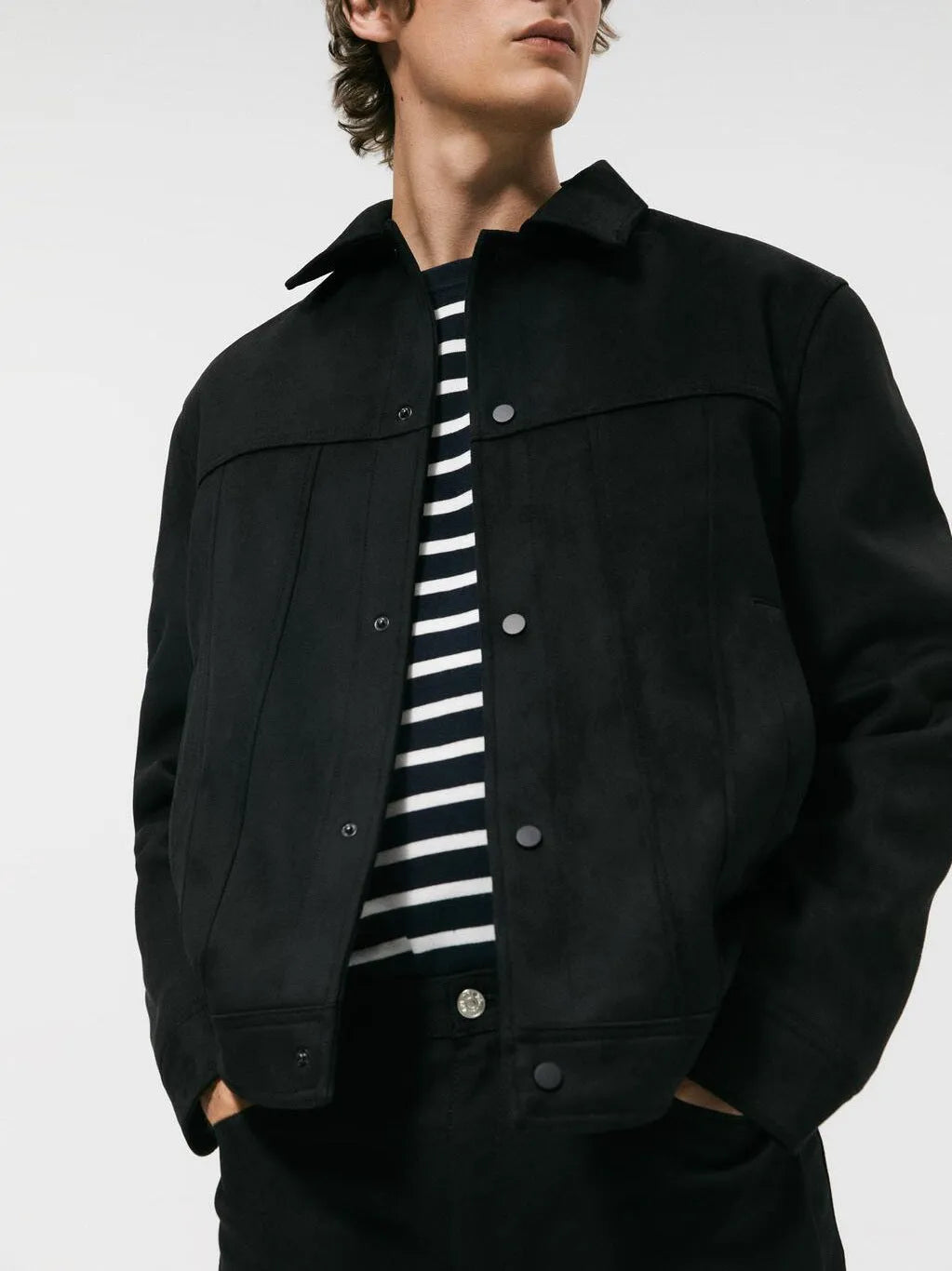 Black men's hooded jacket with suede collar and side pockets