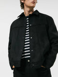 Black men's hooded jacket with suede collar and side pockets