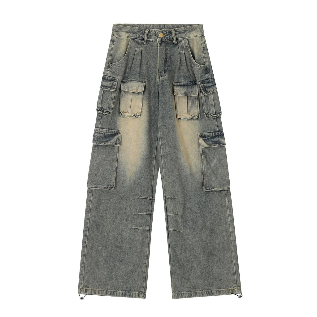 Loose straight-leg distressed jeans with multiple pockets in light blue denim fabric