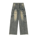 Loose straight-leg distressed jeans with multiple pockets in light blue denim fabric