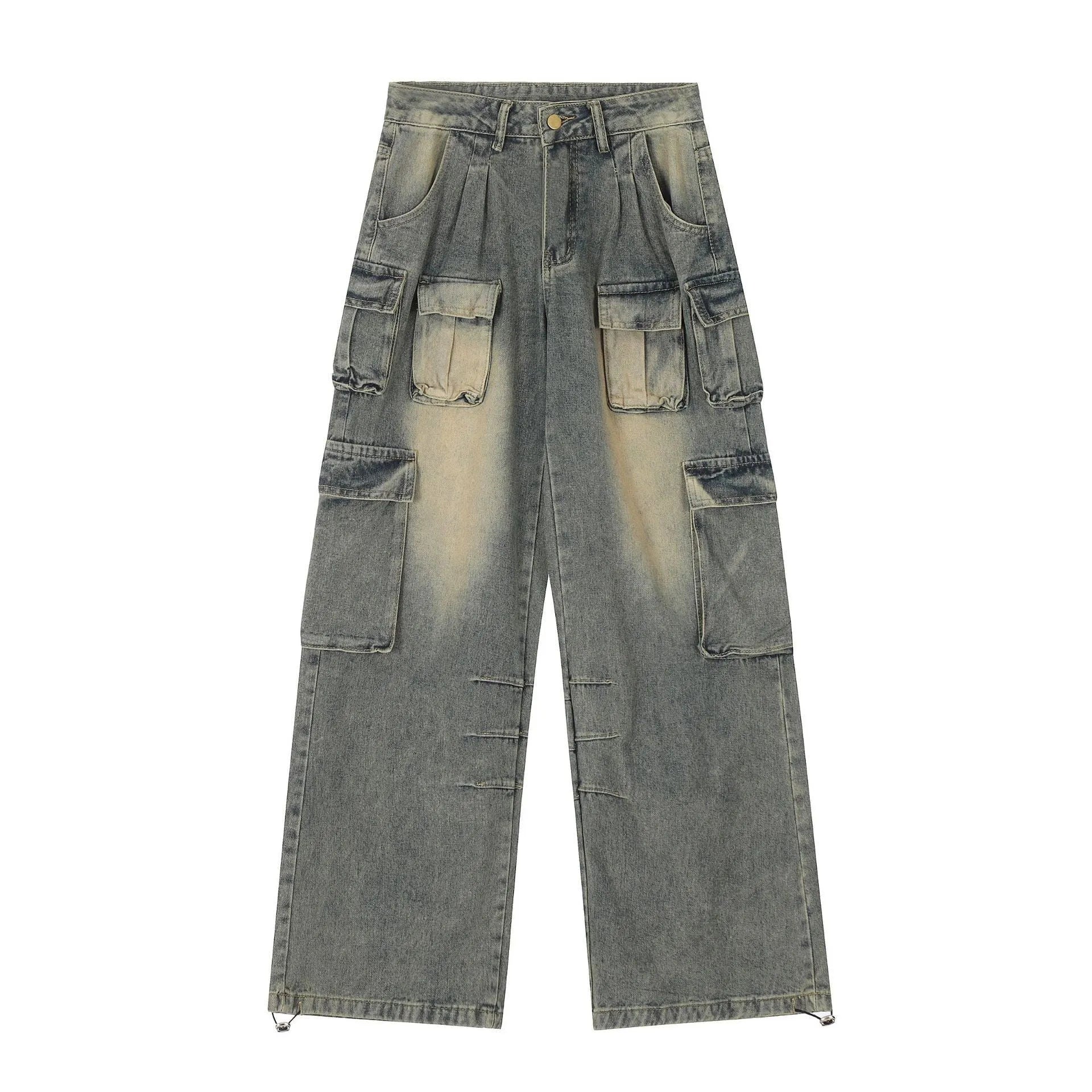 Loose straight-leg distressed jeans with multiple pockets in light blue denim fabric