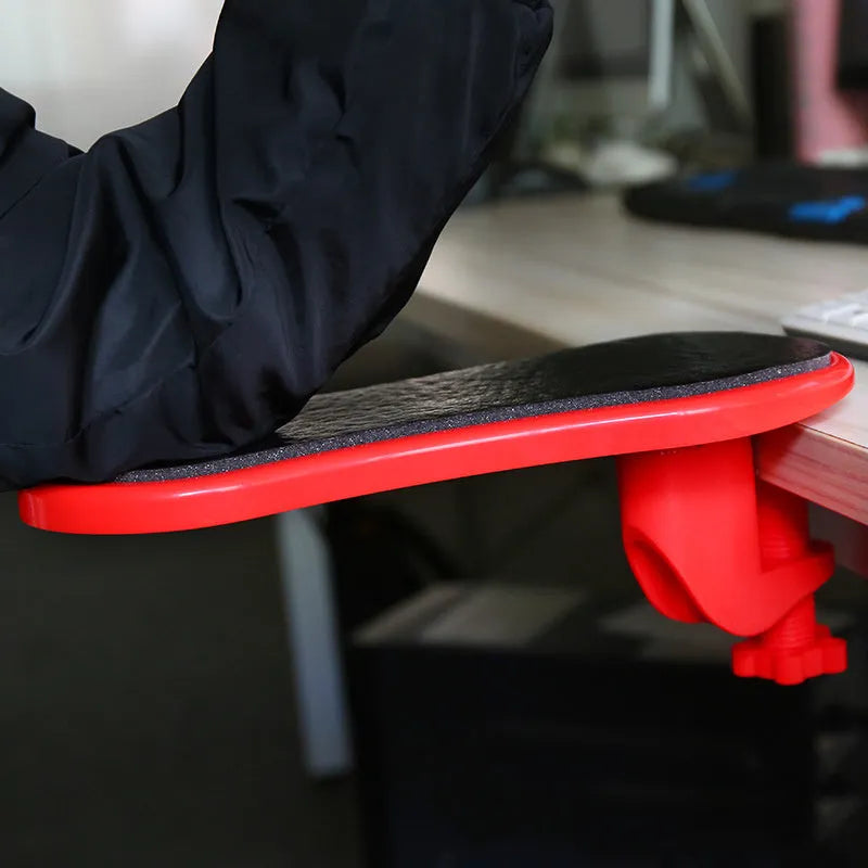 Ergonomic computer hand bracket mouse wrist pad in black leather finish with non-slip rubber base on a desk