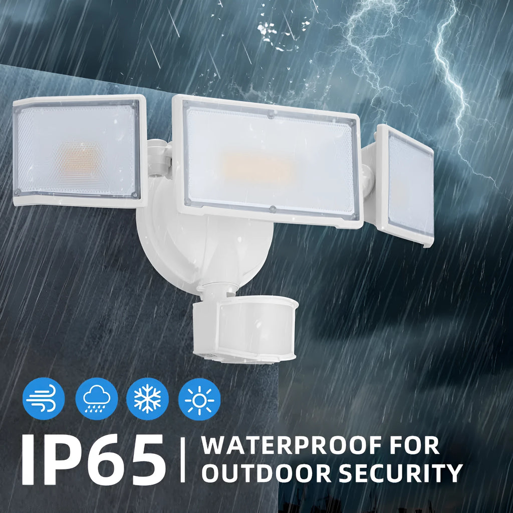White or black SCU2203-PIR LED flood light with motion sensor for outdoor security mounting.