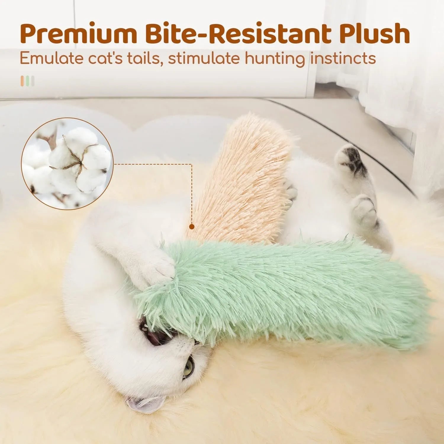 Plush cat toy pillow in green, white, blue, and pink colours measuring 27cm by 10cm