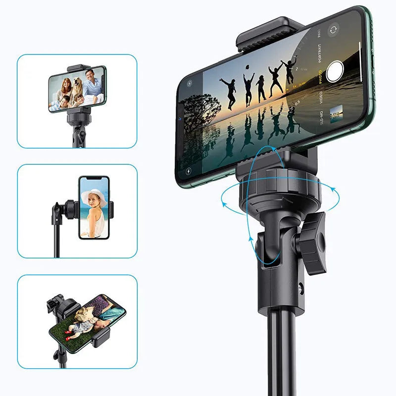 Black aluminium selfie stick tripod extended to full height with smartphone mounted