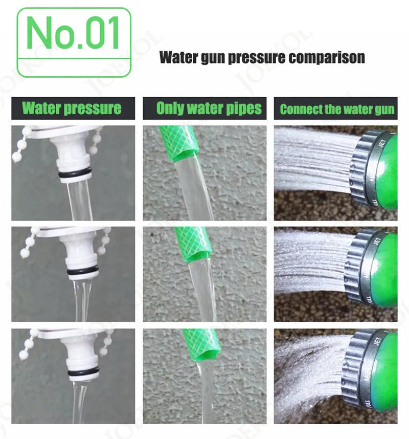 Expandable magic flexible water hose in black laid on grass showing compact initial length and stretched working length