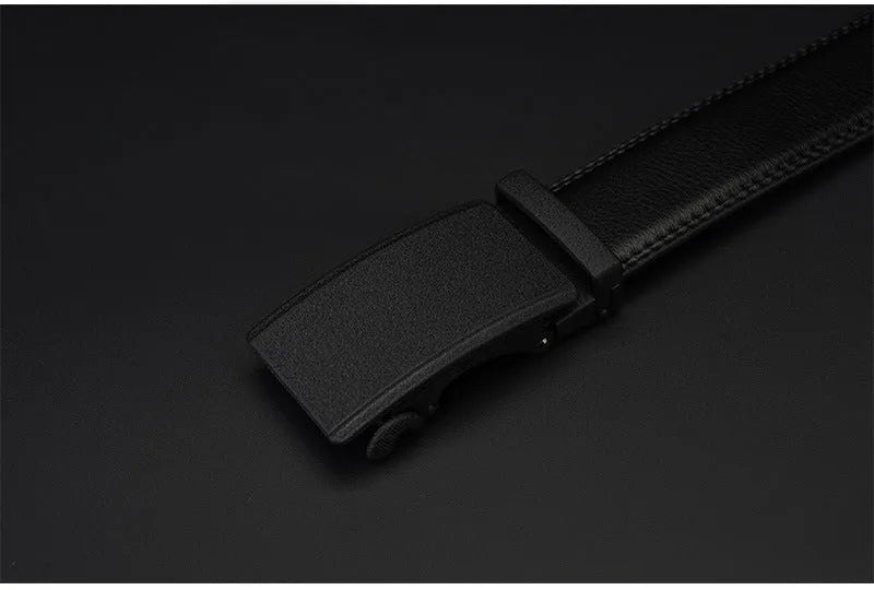 Automatic buckle two-layer cowhide belt for men, rectangular alloy buckle, black colour, standard width