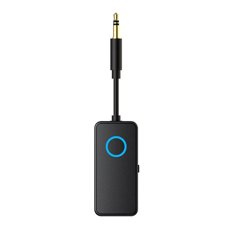 Black Bluetooth 5.4 audio adapter with flexible 3.5mm plug for wireless streaming.