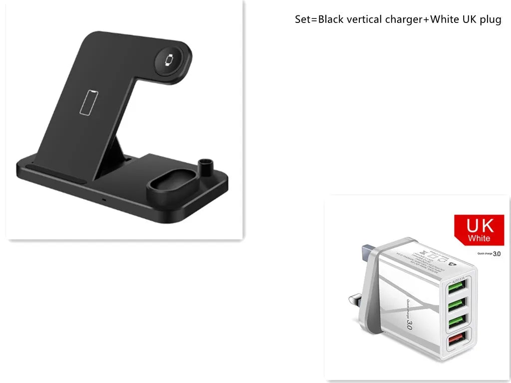 4-in-1 wireless charging station with phone, Apple Watch, and AirPods on adjustable magnetic stand